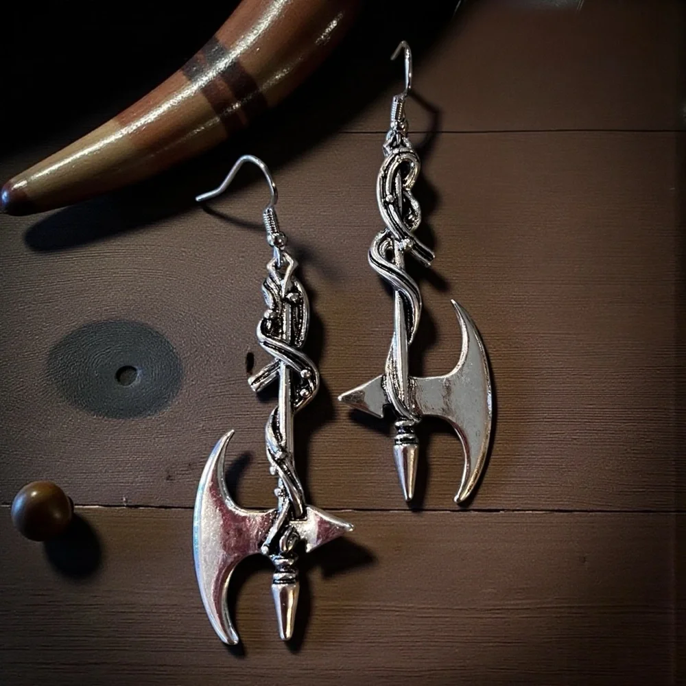 Silver Toned Battle Axe Earrings